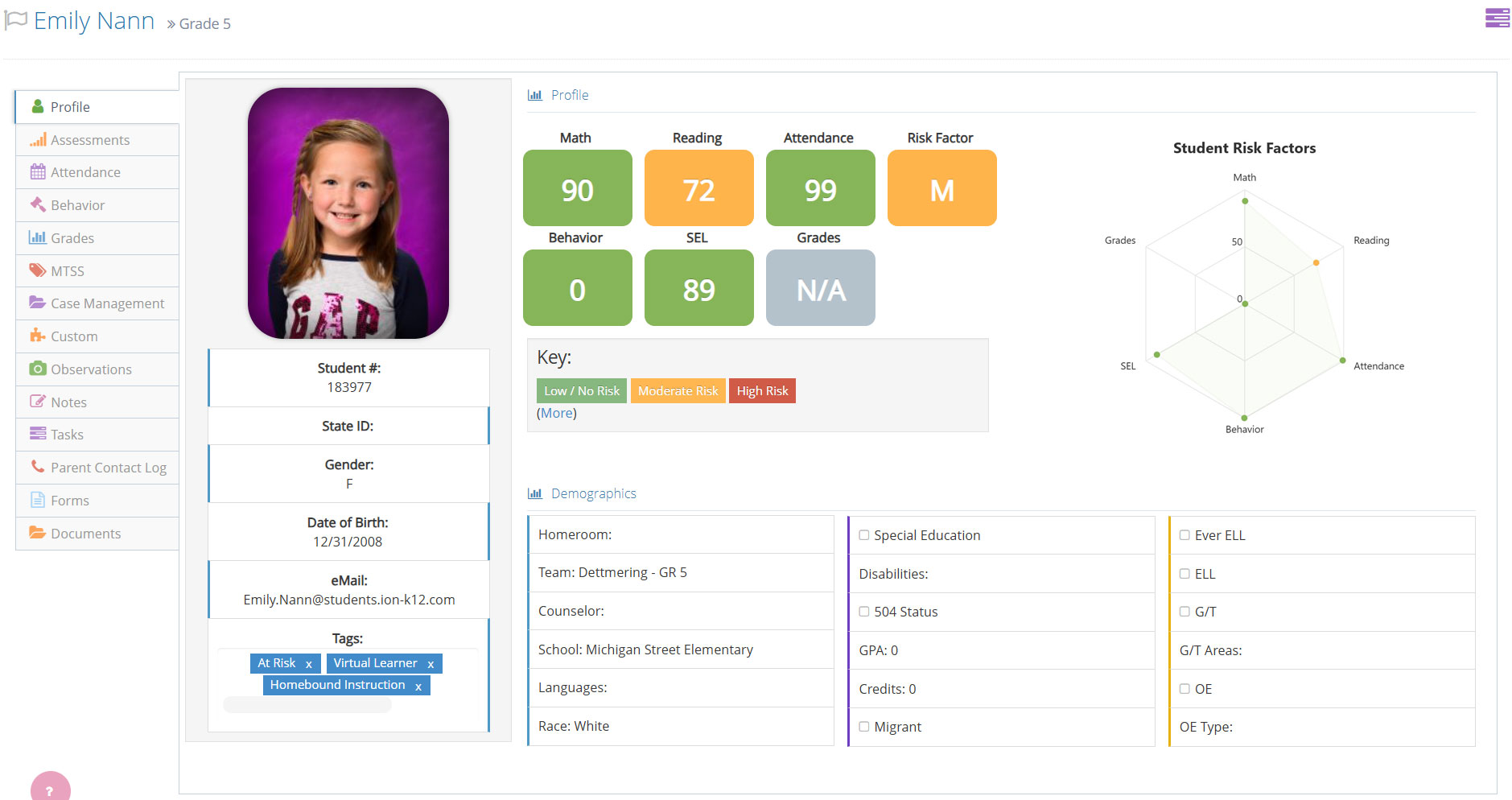 ion student profile showing connected student data